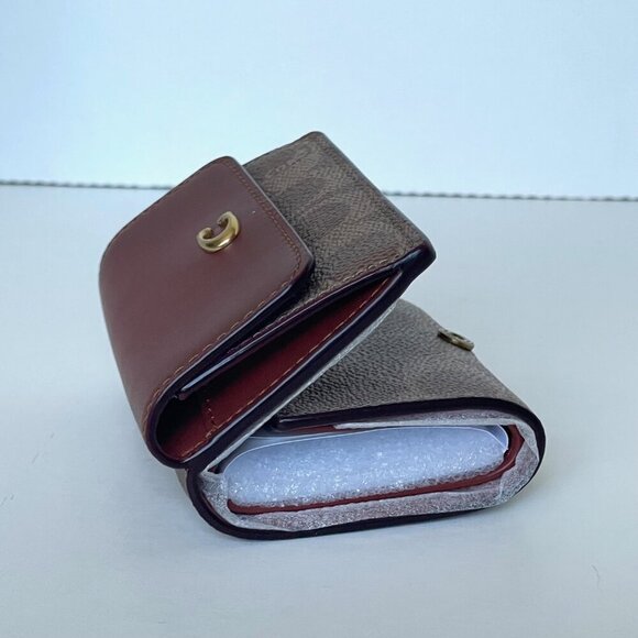 Coach Essential Mini Trifold Wallet Brown Signature Canvas CM438 Rust ORGPKG - Picture 8 of 9